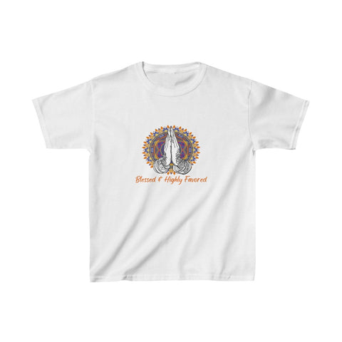 Image of Blessed And Highly Favored Praying Hands Kids Heavy Cotton Tshirt