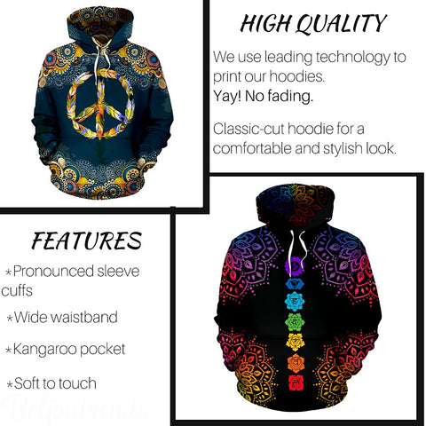 Image of Flame Black Mens Hoodie, Colorful Feathers, Bright Colorful, Floral, Hippie,