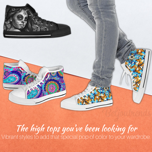 Mosaic Cat High Top Sneakers, Womens Canvas Shoes, Streetwear, Hippie