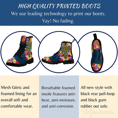 Image of Floral Design, Combat Boots, Womens Nylon Boots, Womens Nylon Shoes, Nylon Boots Women, Womens Vegan Shoes, Womens Winter Shoes, Rain