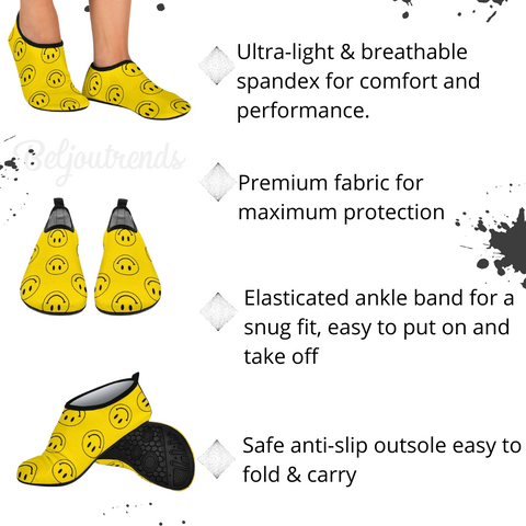 Image of Yellow Happy Face, Adult Beach Shoes, Water Shoes, Aqua Shoes, Hippie, Beach Slipper, Yoga Shoes, Swimming Shoes, Swim Shoes, Water Socks