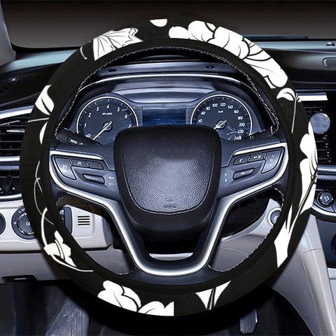 Image of White Black Abstract Floral Pattern Steering Wheel Cover, Car Accessories, Car