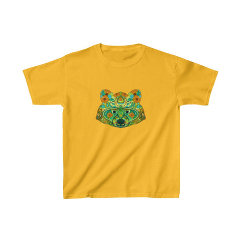 Image of Green Colorful Mandala Racoon Kids Heavy Cotton Tshirt