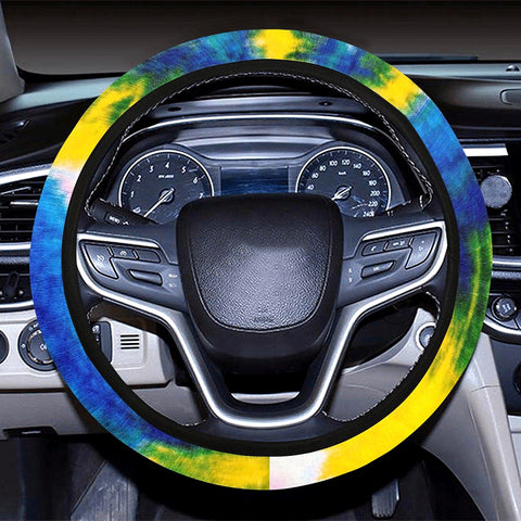 Image of Yellow Blue Blue Tie Dye Abstract Art Steering Wheel Cover, Car Accessories, Car