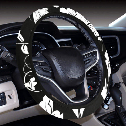 Image of White Black Abstract Floral Pattern Steering Wheel Cover, Car Accessories, Car