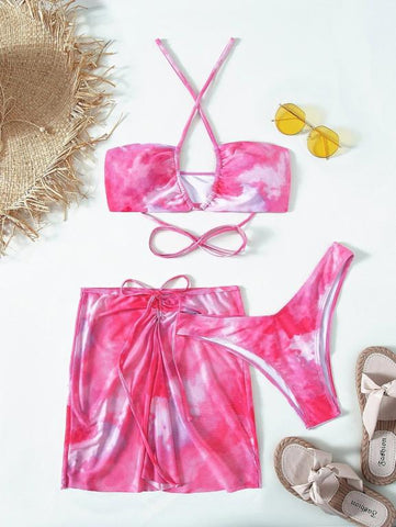 Image of Three Piece Skirt Cover Up Tie Dye Strappy Bikini Beach Swimsuit Set