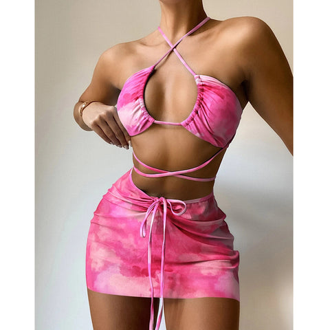 Image of Three Piece Skirt Cover Up Tie Dye Strappy Bikini Beach Swimsuit Set
