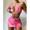 Three Piece Skirt Cover Up Tie Dye Strappy Bikini Beach Swimsuit Set