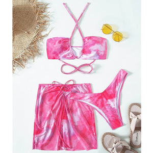 Three Piece Skirt Cover Up Tie Dye Strappy Bikini Beach Swimsuit Set
