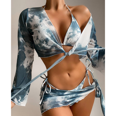 Image of Long Sleeve Tie Dye Crop Top Bikini 4 Piece Swimsuit