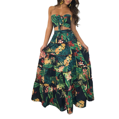 Image of Two Piece Tropical Crop Top Maxi Skirt Set