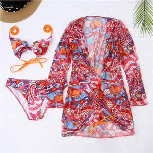 Mesh Hippie Swirl Cover Up Three Piece Beach Bikini Swimsuit