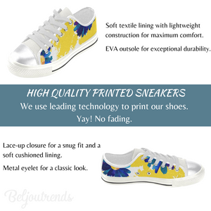 Women's Low Top Canvas Shoes, Yellow Daisy Husky Design, Beige Dragonfly Mandala