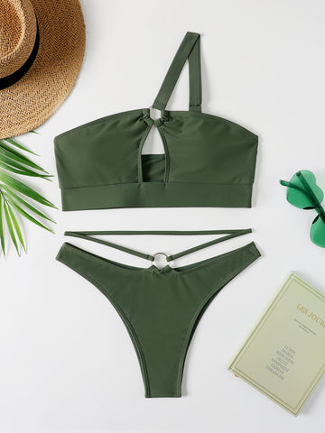 Image of Two Piece Ring Cut Out One Shoulder Beach Bikini Swimsuit Set