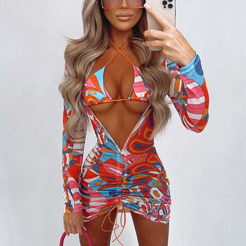Image of Mesh Hippie Swirl Cover Up Three Piece Beach Bikini Swimsuit