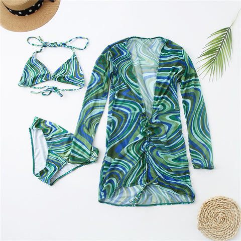 Image of Mesh Hippie Swirl Cover Up Three Piece Beach Bikini Swimsuit