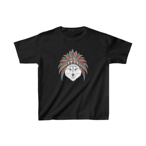 Image of Feather Headdress Tribal Wolf Kids Heavy Cotton Tshirt