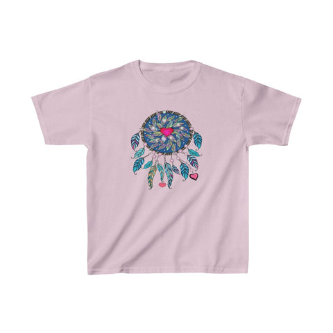 Image of Multicolored Blue Heart Feather Dreamcatcher Kids Heavy Cotton Tshirt