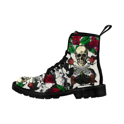 Image of A Human Skull With Two Guns And Two Red Roses Womens Lolita Combat Boots,Hand Crafted