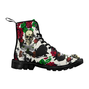 A Human Skull With Two Guns And Two Red Roses Womens Lolita Combat Boots,Hand Crafted