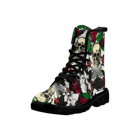 Image of A Human Skull With Two Guns And Two Red Roses Womens Lolita Combat Boots,Hand Crafted