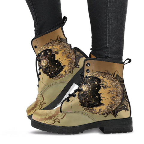 Image of Brown Moon Stars Women's Vegan Leather Boots, Handcrafted Winter Rainbow Rain