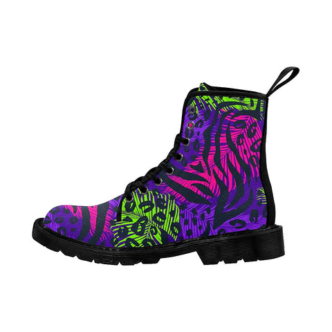 Image of Animal Print Purple Womens Boots Combat Style Boots, Lolita Combat Boots,Hand Crafted,Multi Colored