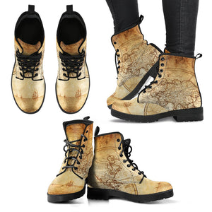 World Map Antique Women's Vegan Leather Boots, Hippie Streetwear,