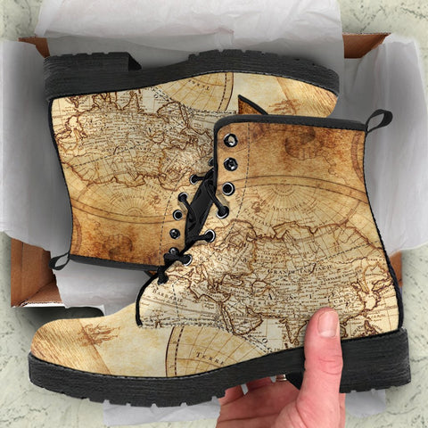 Image of World Map Antique Women's Vegan Leather Boots, Hippie Streetwear,