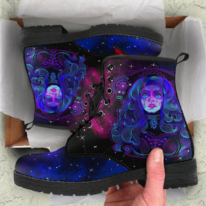 Women’s Vegan Leather Boots , Blue Aquarius Zodiac Astrology , Cosmos