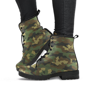 Army Green Camouflage Women's Vegan Leather Boots, Handmade Rain Shoes, Hippie Spiritual Footwear, Multi Colored Design