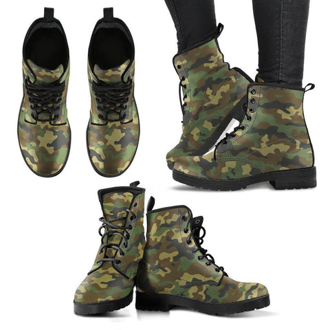 Image of Army Green Camouflage Women's Vegan Leather Boots, Handmade Rain Shoes, Hippie Spiritual Footwear, Multi Colored Design