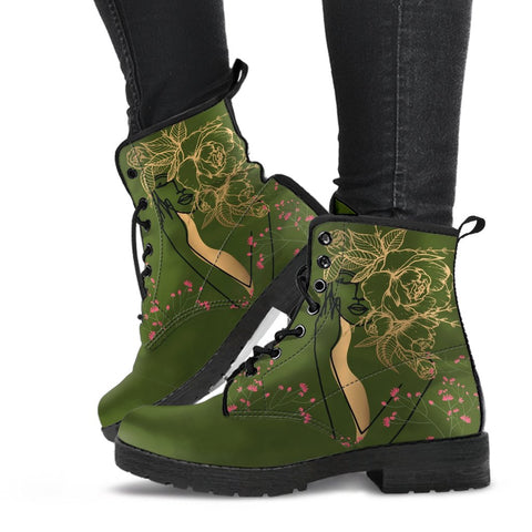 Image of Gold Floral Women's Vegan Leather Boots, Handcrafted Hippie Rain