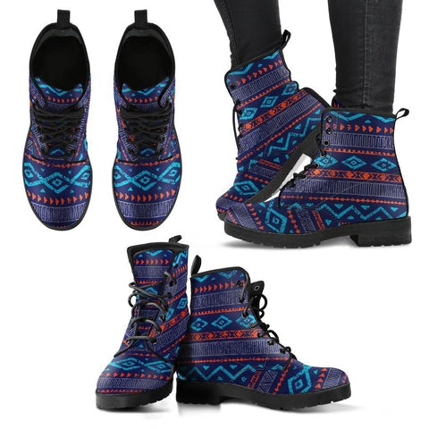Image of Aztec Blue Tribal Women's Leather Boots, Handcrafted Vegan Leather, Lace Up