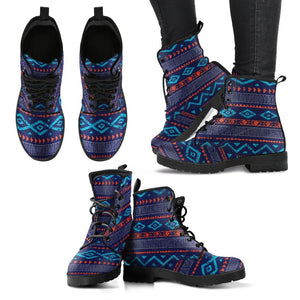 Aztec Blue Tribal Women's Leather Boots, Handcrafted Vegan Leather, Lace Up