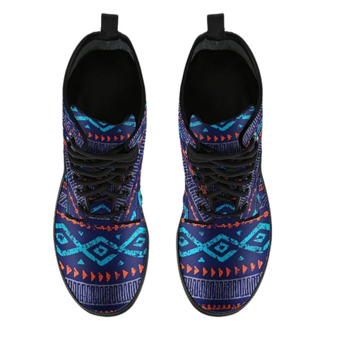 Image of Aztec Blue Tribal Women's Leather Boots, Handcrafted Vegan Leather, Lace Up