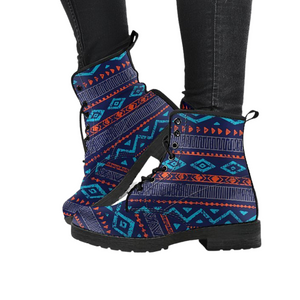 Aztec Blue Tribal Women's Leather Boots, Handcrafted Vegan Leather, Lace Up