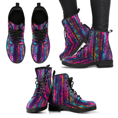 Image of Pink Aztec Pattern Women's Vegan Leather Boots, Handcrafted Lace Up Ankle Boots,