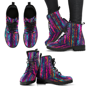Pink Aztec Pattern Women's Vegan Leather Boots, Handcrafted Lace Up Ankle Boots,