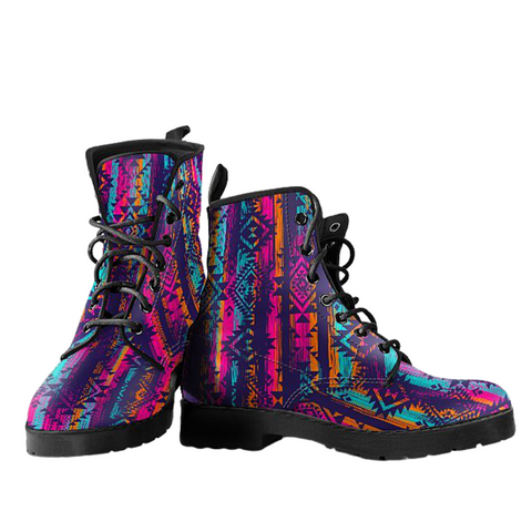 Image of Pink Aztec Pattern Women's Vegan Leather Boots, Handcrafted Lace Up Ankle Boots,
