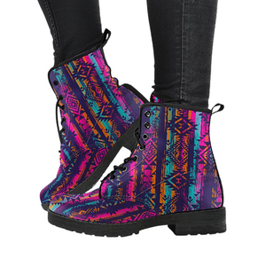 Pink Aztec Pattern Women's Vegan Leather Boots, Handcrafted Lace Up Ankle Boots,
