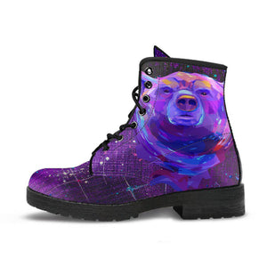 Purple Abstract Bear Head Paint Women's Vegan Leather Boots, , Retro
