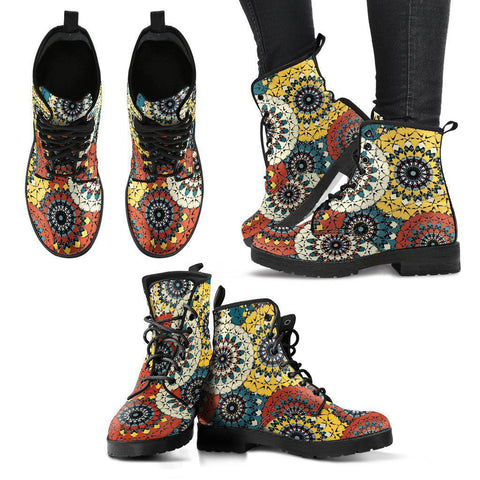 Image of Yellow Red Tribal Abstract Women's Vegan Leather Boots, Handmade Fashion Footwear, Unique Design