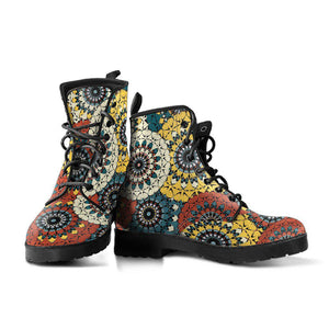 Yellow Red Tribal Abstract Women's Vegan Leather Boots, Handmade Fashion Footwear, Unique Design