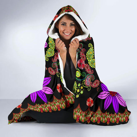 Image of Beautiful bandana print with bright flowers and paisley Blanket,Sherpa Blanket,Bright Colorful, Hooded blanket,Blanket with Hood,Blanket