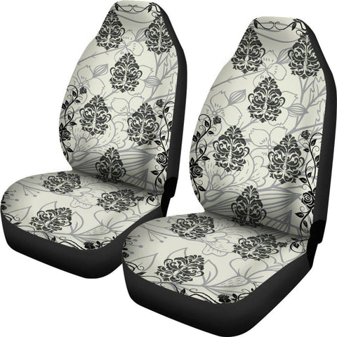 Image of Beige And Black Floral Damask 2 Front Car Seat Covers Car Seat Covers,Car Seat Covers Pair,Car Seat Protector,Car Accessory,Front Seat Cover