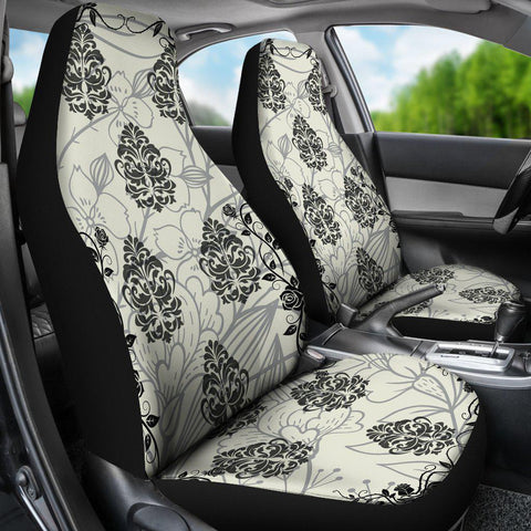 Image of Beige And Black Floral Damask 2 Front Car Seat Covers Car Seat Covers,Car Seat Covers Pair,Car Seat Protector,Car Accessory,Front Seat Cover