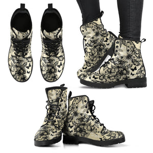 Butterfly Pattern Design: Women's Vegan Leather Boots, Handcrafted Lace,up Ankle