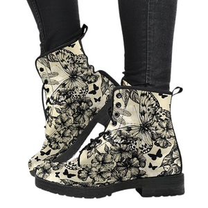 Butterfly Pattern Design: Women's Vegan Leather Boots, Handcrafted Lace,up Ankle
