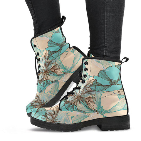 Image of Blue Abstract Butterflies Floral Women's Vegan Leather Boots, Handmade Rain Shoes, Hippie Spiritual Footwear, Multi-Design